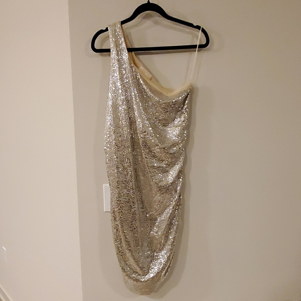 Michael Kors Silver Sequin One-Shoulder Midi Dress